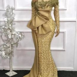 2022 Elegant African Style Lace Mermaid Evening Dresses Plus Size Gold Sequins Long Sleeves Beaded Prom Party Gowns Robe De Soiree BC11139 Xu