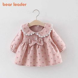Bear Leader Baby Girl Clothes born Baby Autumn Cute Dress Kids Solid Cherry Print Dresses with Bowknot Princess Dress 210708