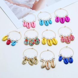 Circle Wire Gold Colour Hoop Earrings For Women White Round Pearl Beads Colourful Natural Shell Summer Beach Geometric Earings