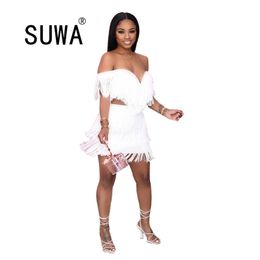 Sexy Party Women White Tassel Two Piece Sets Ladies Slash Neck Off Shoulder Backless Crop Tops High Waist Mini Bodycon Skirts 210525