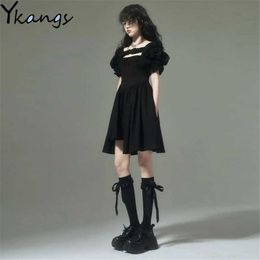 Gothic Bandage Irregular Dress Woman Party Clothing Black Hip Hop Dress Korean Style Kawaii Lolita Puff Sleeves Vestido Vintage 210619