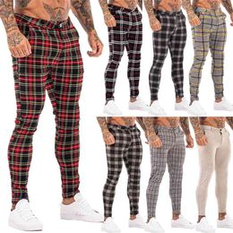 GINGTTO Men Chinos Trousers Skinny Super Stretch Chino Pants Slim Fit Mens Casual Pant Plaid Grey Elastic Waist London Fashion 210715