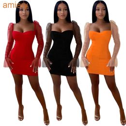 Sexy Mesh Dresses Fashion Stitching Flare Long Sleeve Square Neck Mini Dress Spring Slim Chic Valentine Skirt