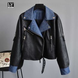 Ly Varey Lin Spring Pu Faux Soft Leather Jacket Women Autumn Motorcycle Zipper Rivet Denim Patchwork Outerwear 210526
