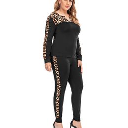 Sale Women Plus Size Two-piece Clothes Set Leopard Stitching Sportswear Outfit Pullover Long Sleeve Sweathshirt and Pant Set D30 Y0625