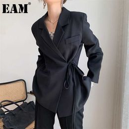 [EAM] Women Irregular Bandage Big Size Blazer Lapel Long Sleeve Loose Fit Jacket Fashion Spring Autumn 1DB323 211006