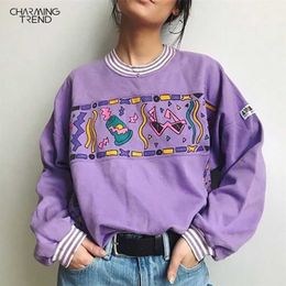 Women Hoodies Purple Autumn Round Neck Young Girls Female Printed Clothes Loose Cute Women Pullover Sweatershirts Oversize 211023