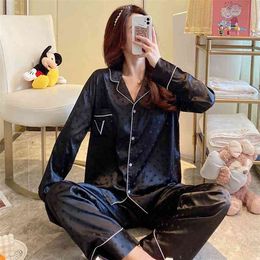 Autumn and Winter Sleepwear Long Sleeve Pyjamas For Women Satin Silk Pants Set Sexy Women's Home Clothes Evening Wear 210809