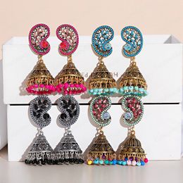 Classic Retro Women's Leaf Rhinestone Jhumka Dangle Earrings Vintage Turkey Boho Bells Beads Tassel Earring