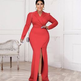Maxi Dress Women Birthday Party Outfits Plus Size Red Long Sleeve Elegant Robe Beading High Slit Spring Autumn Drop 210527