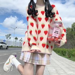 Women's Sweaters Preppy Style Spring Autumn Women Cute Fruit Sweater O Neck Peach Strawberry Loose Warm Pullover Lolita Kawaii Girl's