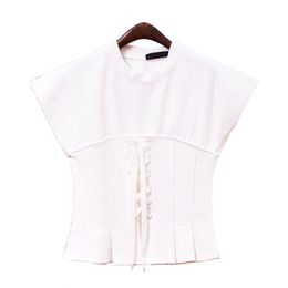 PERHAPS U Women Chiffon White Stand Collar Lace Up Solid Short Sleeve Blouse Shirt Top B0216 210529