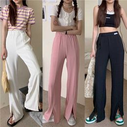 Pants & Capris Korean Solid White Waist Elastic Casual Loose Black Straight Split Wide Leg Pant Mopping Mujer Pantalones Pink 210610
