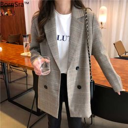 BornSra Casual Pockets Female Suits Coat Office Ladies Notched Collar Plaid Women Blazer Double Breasted Autumn Jacket 210930