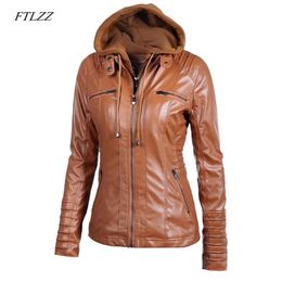 FTLZZ Women Faux Leather Jacket Pu Motorcycle Hooded Hat Detachable Casual Leather Plus Size 5xl Punk Outerwear 211007