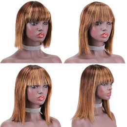 Honey Blonde Ombre Short Bob Wig Panio Color 4/27 Pixie Cut Human Hair Peruvian Virgin Straight Glueless Wigs With Bangs For Black Women