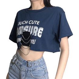 Women's T-Shirt Summer Women Crop Top Letter Print Short Sleeve Tee Shirt With Chain O-neck Loose Ladies Casual