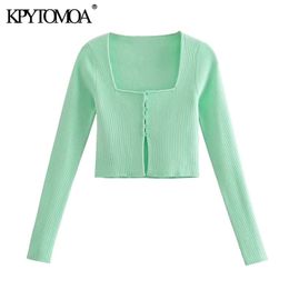 KPYTOMOA Women Sexy Fashion Cropped Knitted Cardigan Sweater Vintage Square Collar Long Sleeve Female Outerwear Chic Tops 210806