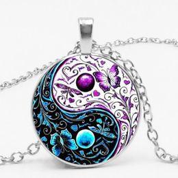 Pendant Necklaces ! 3 Colors Tibet Cabochon Glass Chain Necklace Ying Yang Butterfly Gifts For Men And Women