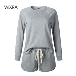 Wixra Womens Suits Leisure Home Wear Long Sleeve Tops+Lace-Up Shorts Ladys Casual 2 Piece Sets Summer 210707
