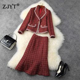 Runway Fashion Vintage Autumn Winter Two Piece Outfit Women Notched Tweed Woollen Blazer and Skirt Suit Set Office Party Twinset 210601