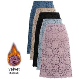 Women Skirt Velvet Plus Size Lace Elegant Office Skirts Women Pencil Bandage Skirt For Womens Skirts Knee-length High Waist 210309