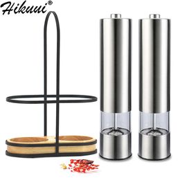 Electric Pepper Mill with Portable Stand Stainless Steel Spice Grain Seasoning Grinder Led Light Kitchen Grinding Tool 210713