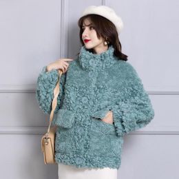 Women's Fur & Faux Wool Soft Winter Buttoned Stand-up Collar Coat Real Sheepskin Patch 2021 Clothing