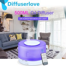 Diffuserlove Remote Control 500ML Ultrasonic Air Humidifier With LED Lights Aromatherapy Essential Oil Aroma Diffuser Y200416