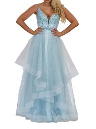 Eye Cathing Light Sky Blue Evening Dress Full Skirted Prom Dresses Features a Fitted Bodice with Illusion Plunging Neckline