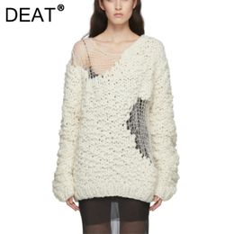 DEAT broken round neck full sleeves knitting pullover loose female top autumn and winter fashion women knits WO52700L 211104