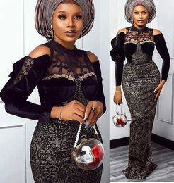 Black Arabic Aso Ebi Lace Sheath Prom Dresses Beaded Long Sleeves Evening Formal Party Second Reception Gowns Dress
