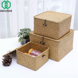 Eco-Friendly Rattan Storage Box Lid Hand-woven Jewellery Box Wicker Makeup Organiser Food Candy Container Boxes Bins for Kids Toys 210315