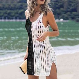 Women's Swimsuit Beach Dress Tops Patchwork Hollow Out Pareo Swimwear Cover Up Bikini Cover-Ups Sleeveless Blouse Smock 210629
