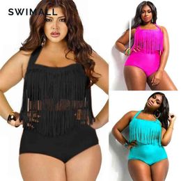 Sale Plus Size Split Swimsuit Women Sexy Retro Padded Push Up Tassel High Waist Female biqiuni Bathing Suit 210630