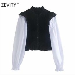 Zevity women vintage puff sleeve patchwork elastic slim smock blouse office ladies sweet agaric lace chic shirts tops LS7157 210603