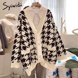 Syiwidii Sweater Oversized Cardigans Women Houndstooth Jacket V-Neck Autumn Winter Chic Knitted Loose Tops Warm Coat Purple 210917