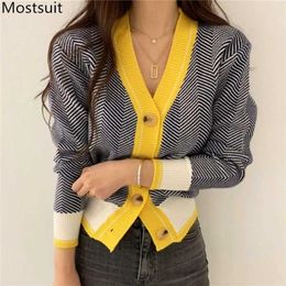 V-neck Single-breasted Korean Cardigan Sweater Women Autumn Winter Color-blocked Long Sleeve Fashion Elegant Ladies Tops 211011