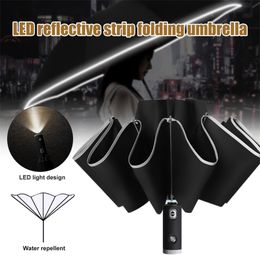 3 Fold Reverse Automatic Umbrella Cart Clear Rain Women's Parasol LED Light Reflective Strip Folding Sunny DTT 210721