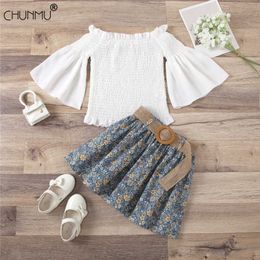 Toddler Kid Girls Clothes Puff Sleeve Chiffon Tops Floral Tutu Skirts with Belt 3pcs Set Outfit Suit Summer Girls Clothing Set X0902