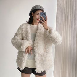 Women's Fur & Faux Winter Woman Fashion Thicken Warm Plush Teddy Jacket Female V-neck Coat Casual Loose Fluffy Lamb Cashmere Overcoat K133