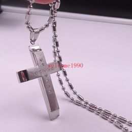 Pendant Necklaces 24 Inches 3mm Rice Beads Chain 316L Stainless Steel Large Crystals Cross Men's Fashion Necklace