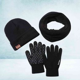 3pcs Winter Warm Hat Scarf Set Camouflage Knitting for Men Gift (black)