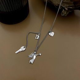 Pendant Necklaces Fashion Retro Cartoon Angel Lock Key Heart Necklace Unisex Women Men Punk Style Silver Plated Accessories