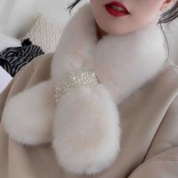 2021 New Designer Faux Fur Scarf with Pearls Girl Long Skinny Scarf Women Winter Fashion Thick Warm Neck Collar Scarves H0923