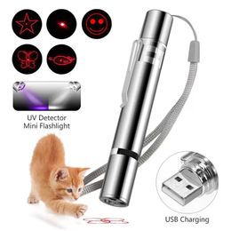 2022 new 1 Mini USB Rechargeable Red Laser Pointer White LED Torch Light UV Flashlight Cat Dog Pet Toy Money Detector Blacklight with Metal