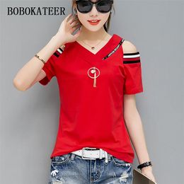 BOBOKATEER off the shoulder tops for women tshirt summer t- cotton t s tee femme camiseta mujer 210623
