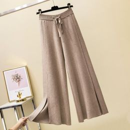 Women's Pants & Capris Women Loose Solid Casual Soft 2021 Autumn Winter Knit Cashmere Sweater Wide Leg Elastic Waist Bow Tie Split Trousers