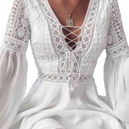 Sexy Night Club Dress Lace V-Neck Mini Summer Flare Long Sleeve Chiffon Elegant Women Hollow Out Party es 210623