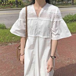 Korean Chic Lace Hollow-out Embroidery Woman Dress Drawstring Slim Waist Vestido Flare Sleeve V-neck Dresses 6H514 210603